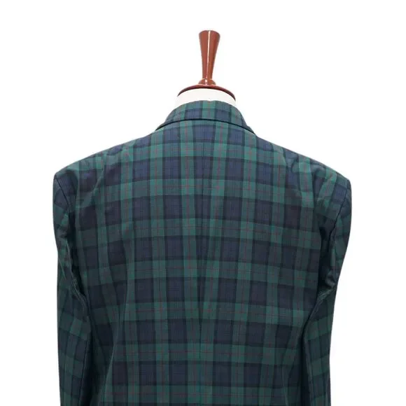 Mens 48R Tartan Plaid Blazer Sport Coat Navy Green Cotton Preppy Formal